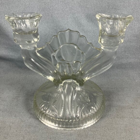 Depression Glass Jeannette Clear Iris & Herringbone Antique Double Candle Holder - Picture 2 of 4